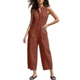 thumbnail image 4 of Wovilon Summer Casual Sleeveless Collared Button Front Wide Leg Jumpsuit for Women, Relaxed Loose Fit Cotton Linen Blend One Piece with Pockets Vacation Travel Outfit, 4 of 5