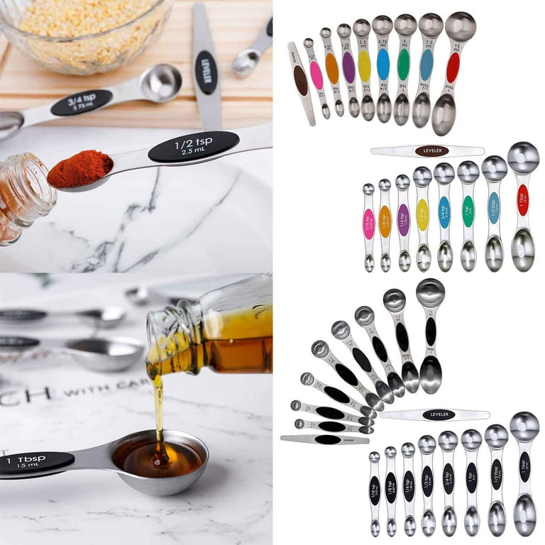 9pcs/set Double-ended Magnetic Measuring Spoons With Scale, Stainless Steel  Measuring Scoops Set And Seasoning Spoon With Scraper For Baking Cooking