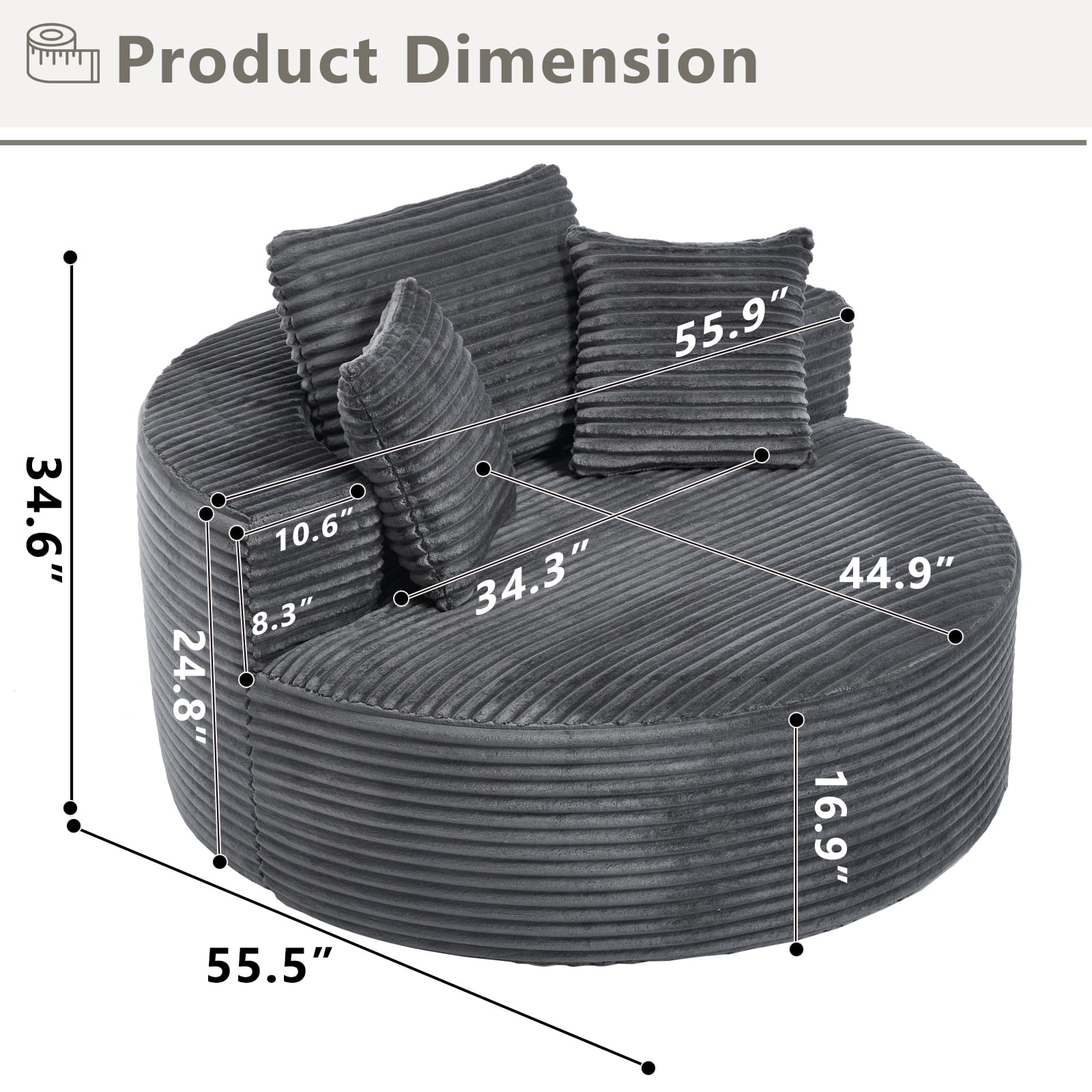 Aukfa Oversized Round Chaise Longue Chair Indoor, 56-inch Upholstered Corduroy Deep Seat Circle Cloud Sofa Chair, Dark Gray