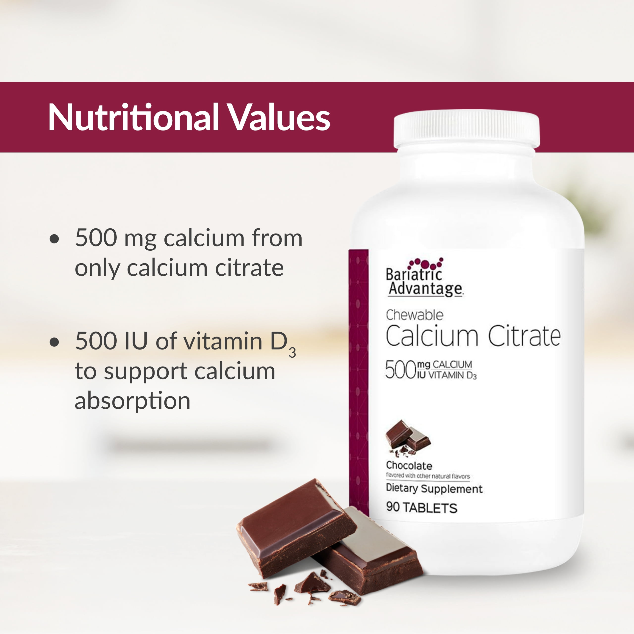 Bariatric Advantage Calcium Citrate Chewable 500 mg - For Bariatric Surgery Patients - High-Potency, Easy-Digest Tablets - Calcium Citrate - Bone Strength Supplements* - 90 Count - Chocolate