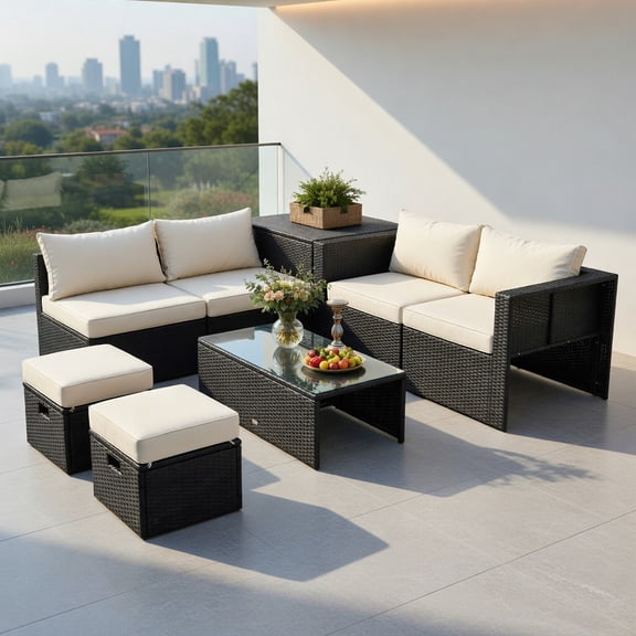 Topcobe 8 Pieces Patio Rattan Storage Table Furniture Set, Outdoor Patio Furniture for Garden Backyard-Off White