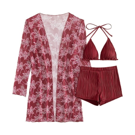2 Piece Bikinis V-Neck for Women Women S 3pieces Swimsuit With Long Sleeve Beach Cover Up Boho Boy Shorts Swimwear Set Female Swim Wear Bathing Suits Swim Suits Trendy 2025 Wine