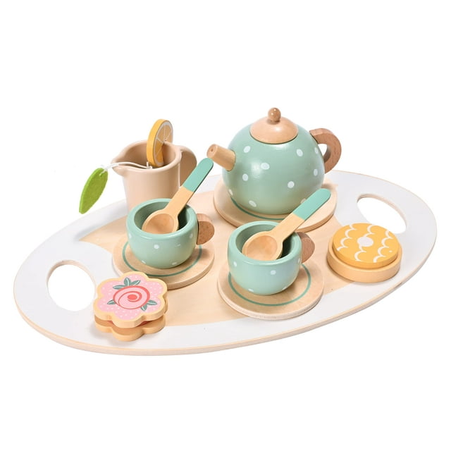 Juego de té de madera de 15 piezas para niñas pequeñas, juguetes de madera, juego de té para niños pequeños, accesorios de cocina, juego de comida para fiesta de té para niños