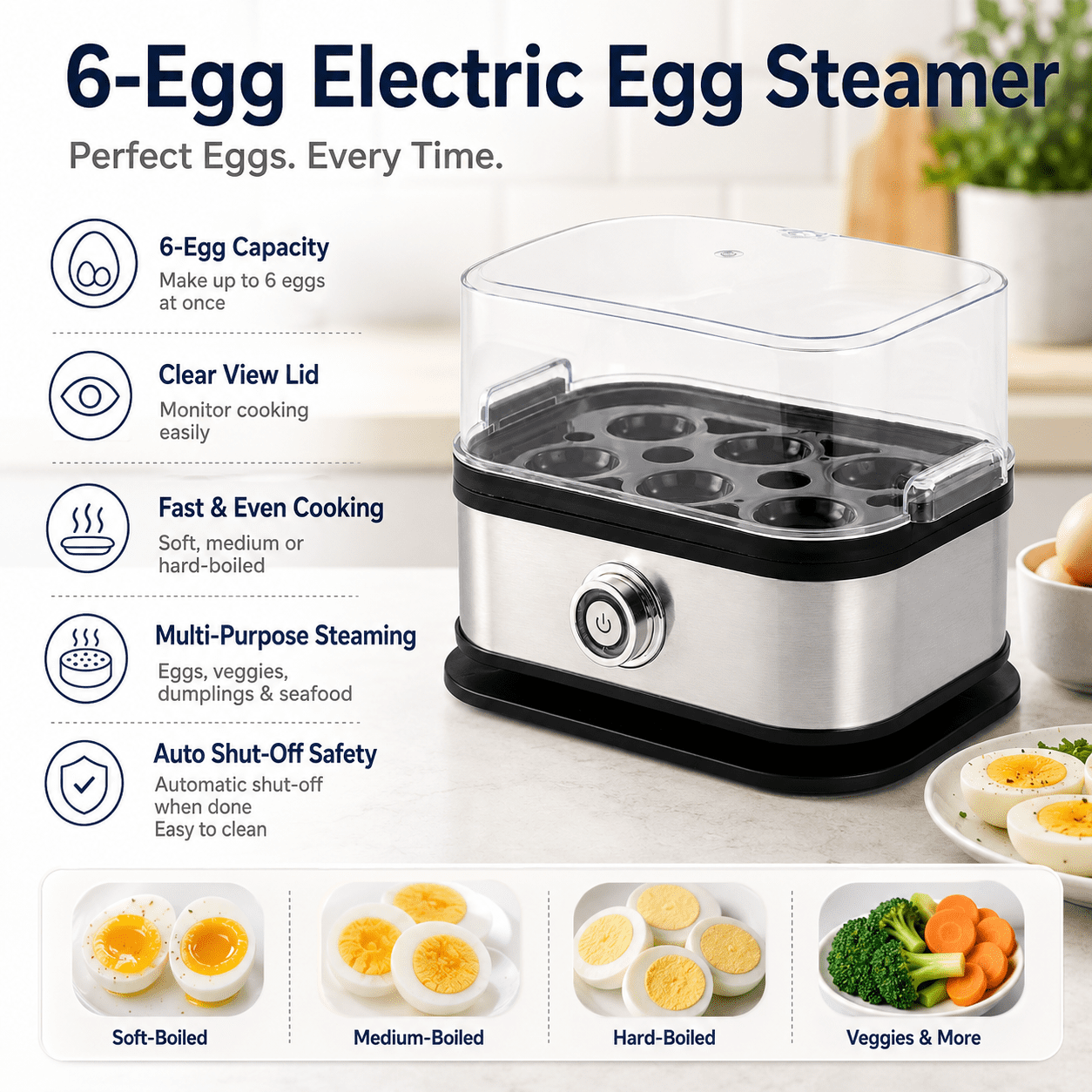Multifunctional Egg Steamer with Clear Lid, Electric Egg Cooker 6 Egg Capacity Auto Shutoff, Kitchen Egg Steaming Pot, Compact Household Egg Steaming Pot for Soft Medium Hard Boiled Eggs
