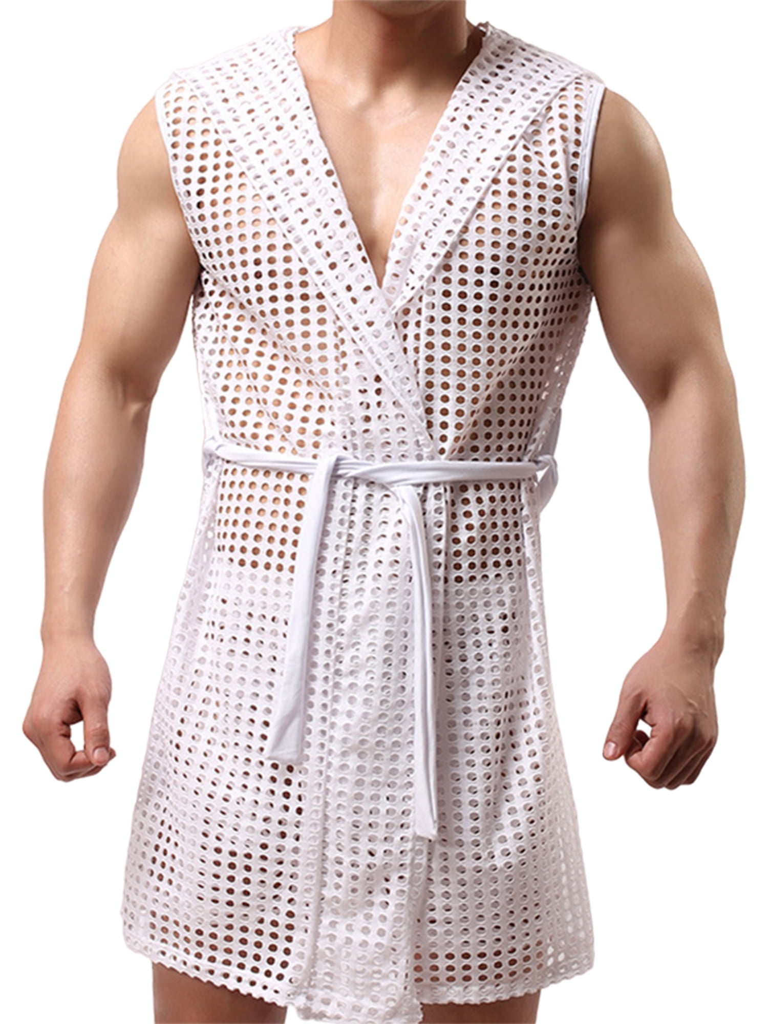 Men's Mesh Fishnet Robes Hooded Short Sleeveless Bathrobes Nightwear