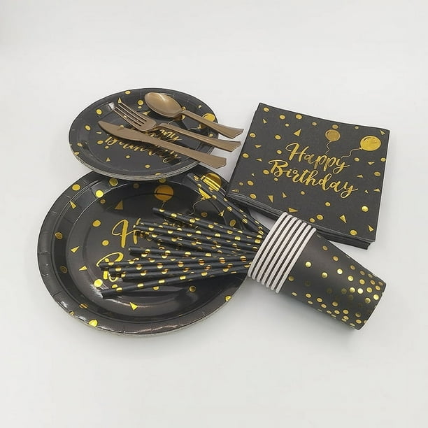 Suministros para fiestas de feliz cumpleaños, juego de vajilla desechable para fiestas, incluye platos, servilletas, vasos y cubiertos para hombres y mujeres, decoraciones para fiestas de cumpleaños