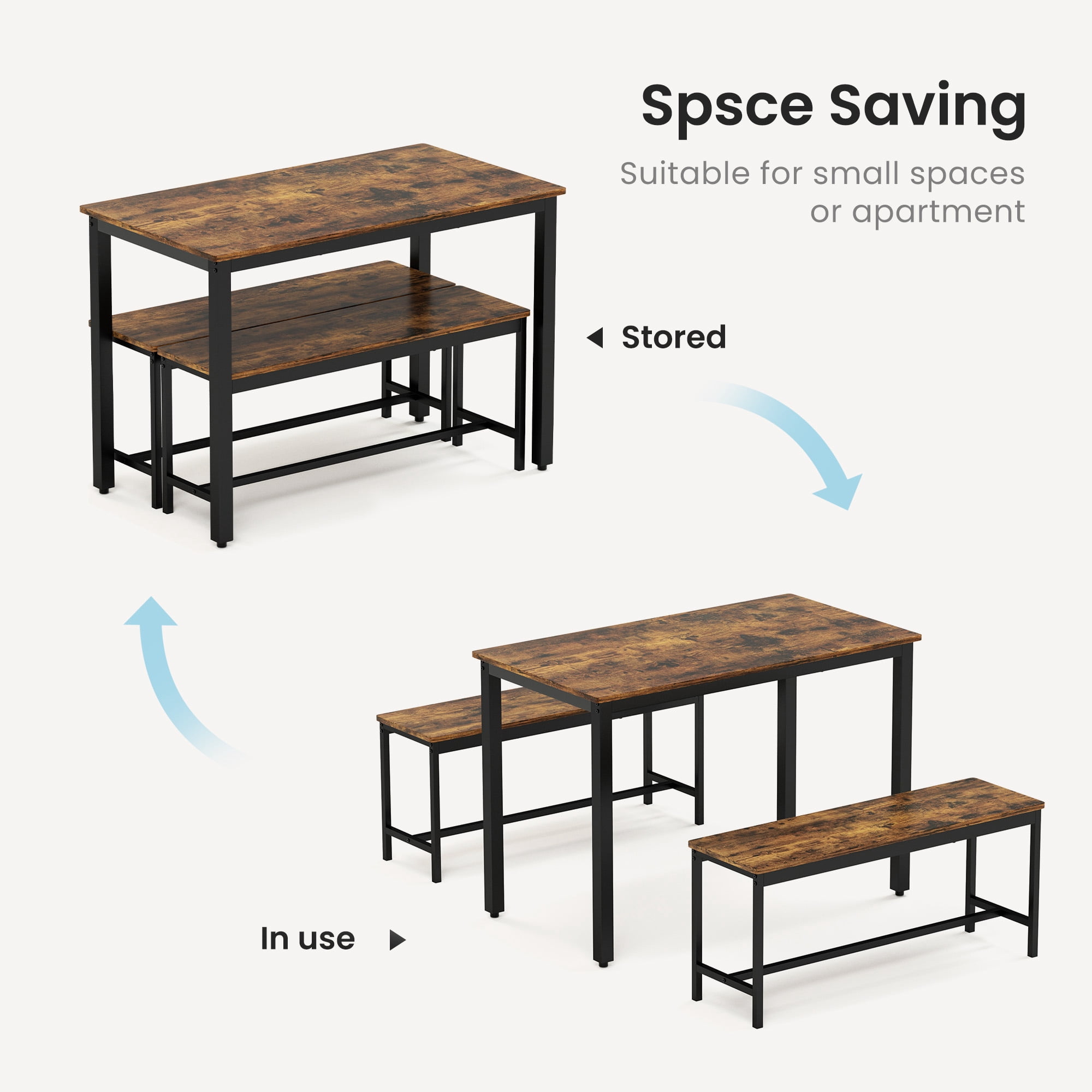 Aukfa 43.3" Dining Table Set for 4, Small Kitchen Table Set with 2 Benches for Living Room Dining Room,Brown