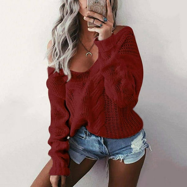 TUWABEII V Neck Sweaters for Women Fall Women s Casual Solid Off Shoulder Pullover Blouse Long Sleeve Tops Sweater Walmart Business Supplies