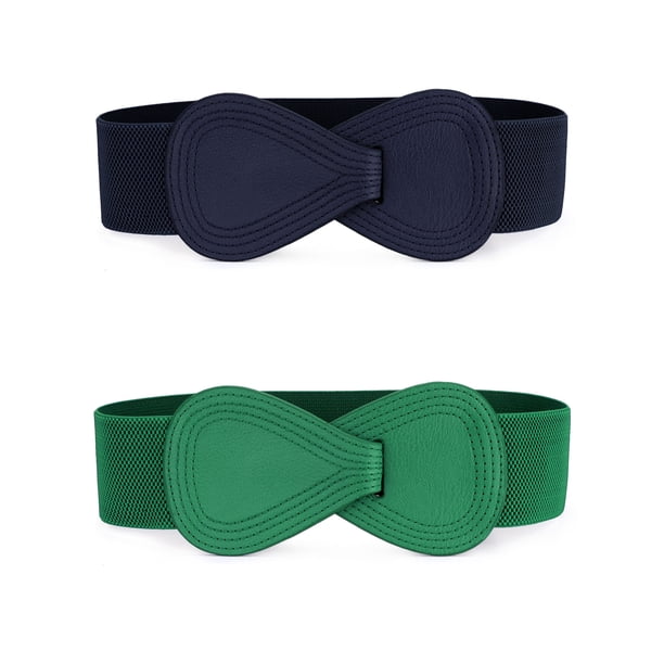 Cinturones De Hebilla De Cuero De Imitación En Forma De 8 Con Enclavamiento De Cinturón Elástico Para Mujer Para Dama Verde y Azul Marino 68.6cm/27"