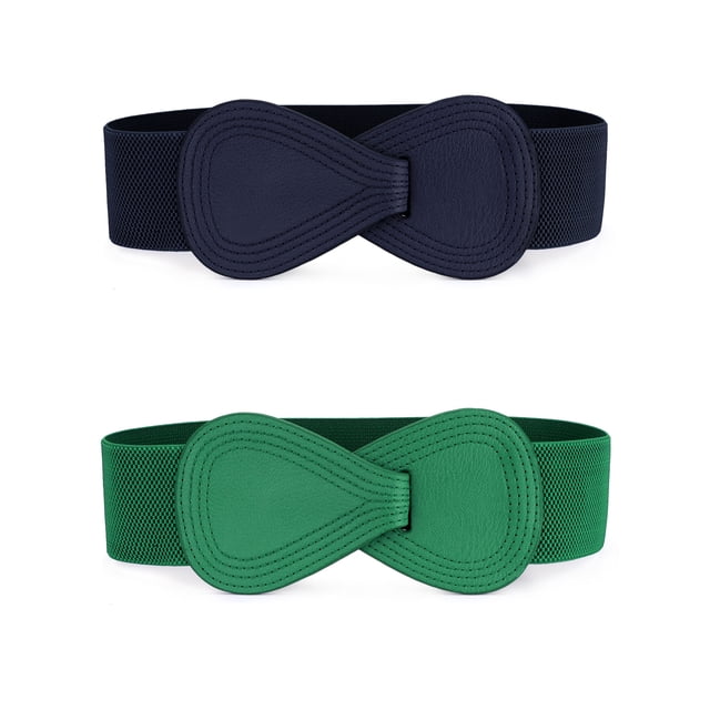 Cinturones De Hebilla De Cuero De Imitación En Forma De 8 Con Enclavamiento De Cinturón Elástico Para Mujer Para Dama Verde y Azul Marino 68.6cm/27"
