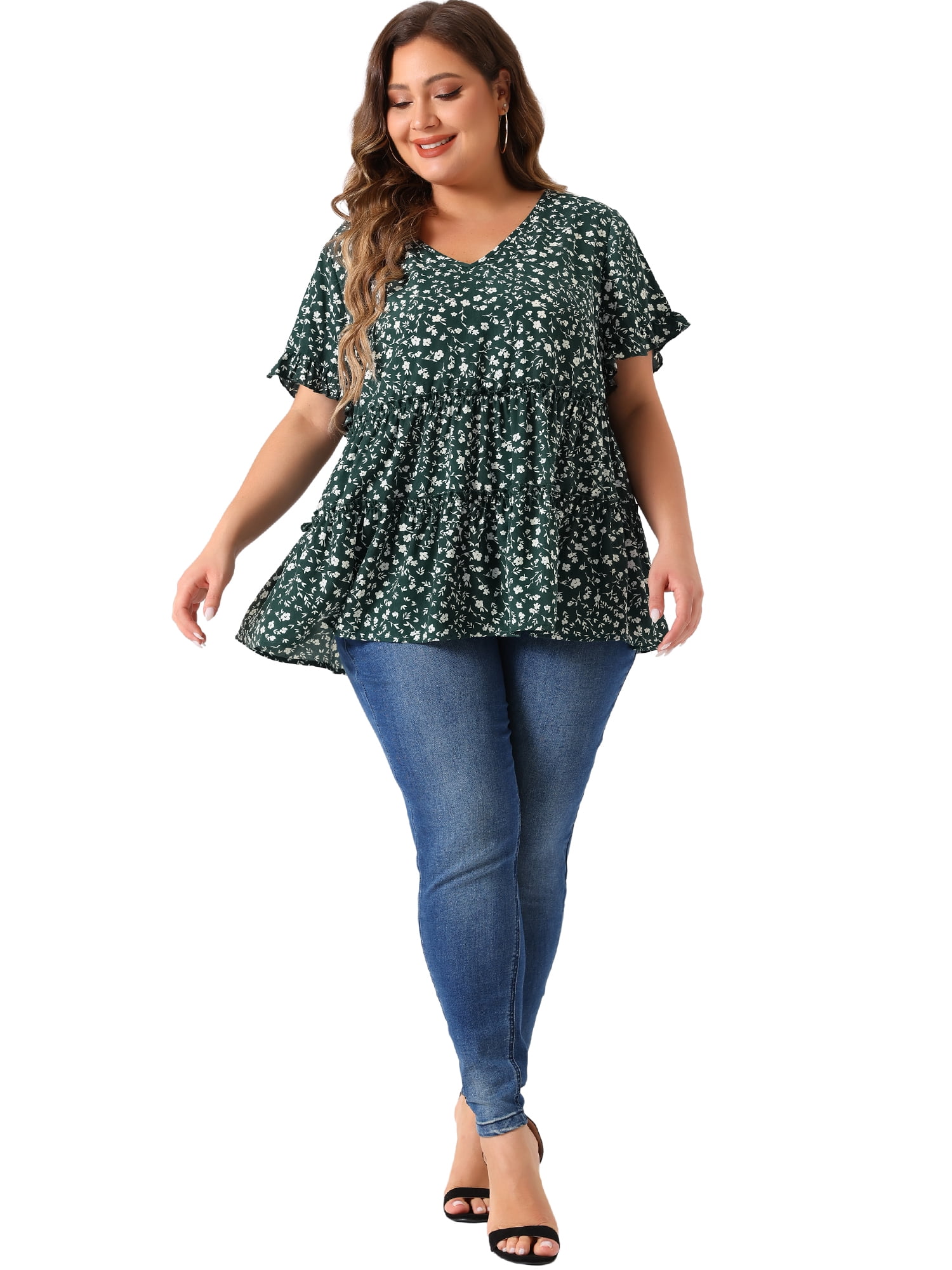 DARING DIVA Women's Plus Size V Neck Short Sleeve Floral Babydoll Blouse 6X Green