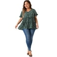 thumbnail image 3 of DARING DIVA Women's Plus V Neck Short Sleeve Floral Babydoll Blouse 1X Green, 3 of 6