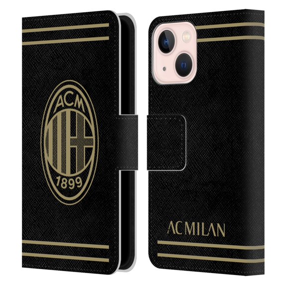 Head Case Designs Officially Licensed AC Milan Crest Black And Gold Leather Book Wallet Case Cover Compatible with Apple iPhone 13 Mini
