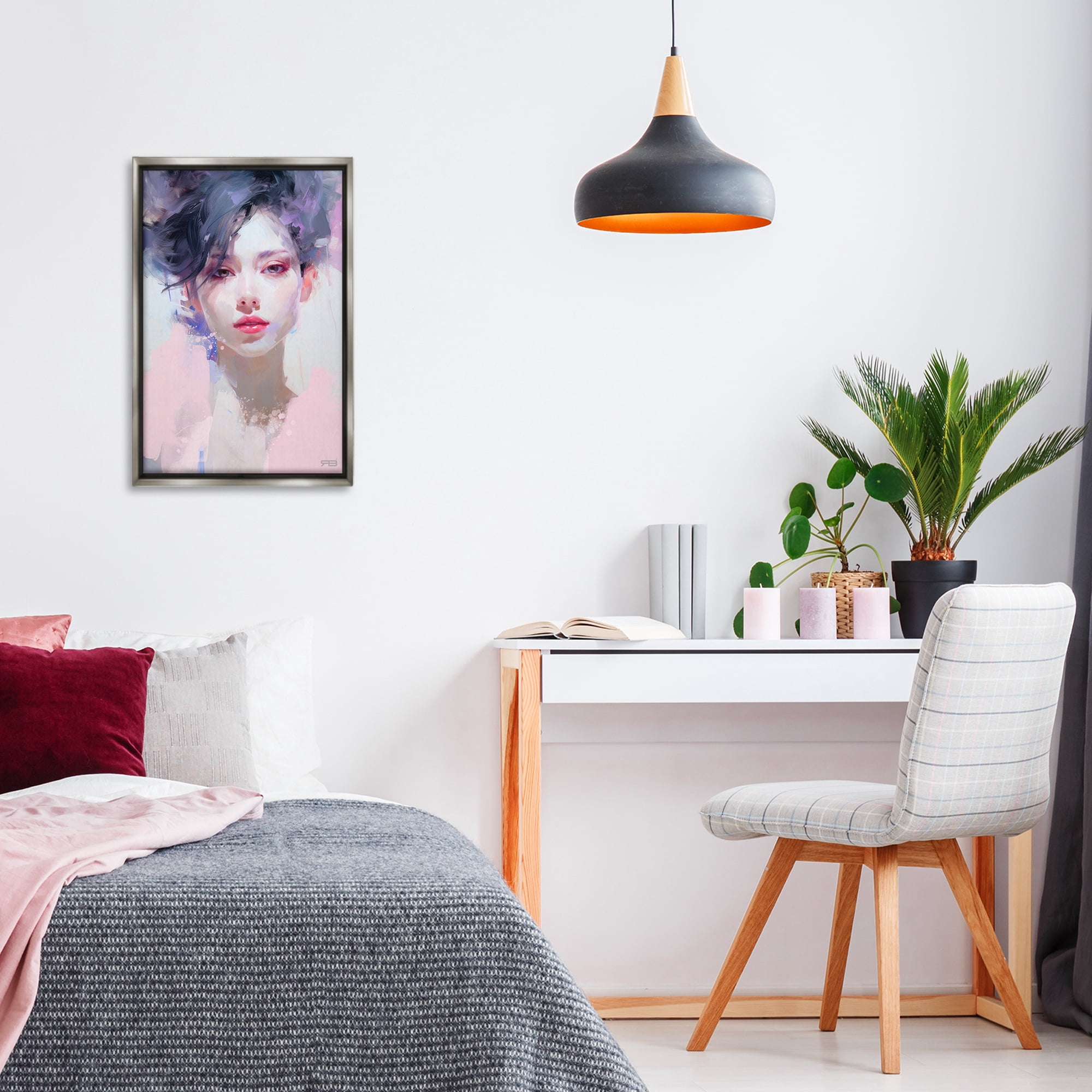 Stupell Industries Purple Haired Woman Novelty Painting Gray Floater Framed Art Print Wall Art, 17 x 25