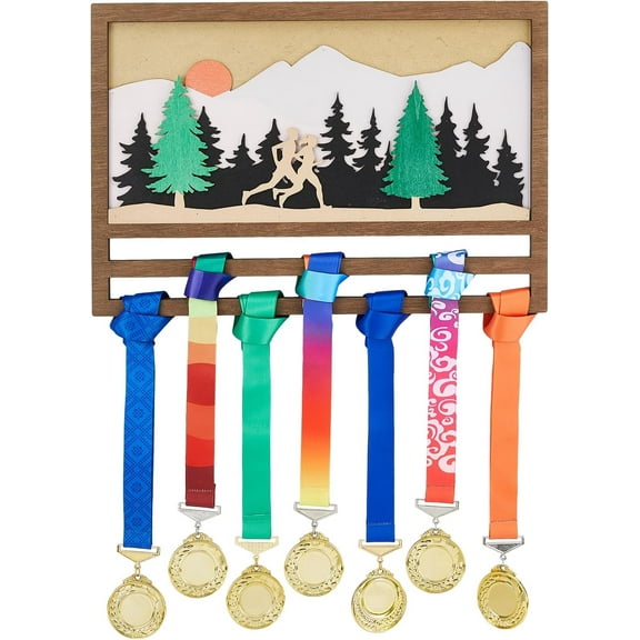 1pc 3D Running Medal Holder Forest Running Medal Hanger Display Run Award Wood Medal Organizer Lanyard Ribbon Display Holder Rack Wall Mounted Race Medal Hook for Runner Athletes Gifts