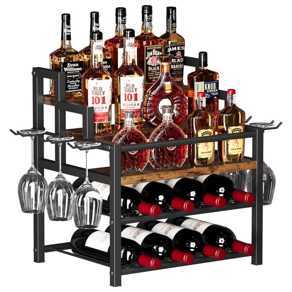 5-Tier Liquor Bottle Display Shelf, Holds up to 20 Bottles, Countertop Wine Racks with 6 Wine Glass Holders, Mini Wine Bar Cabinet for Home, All in One Coffee Syrup Whiskey Organizer