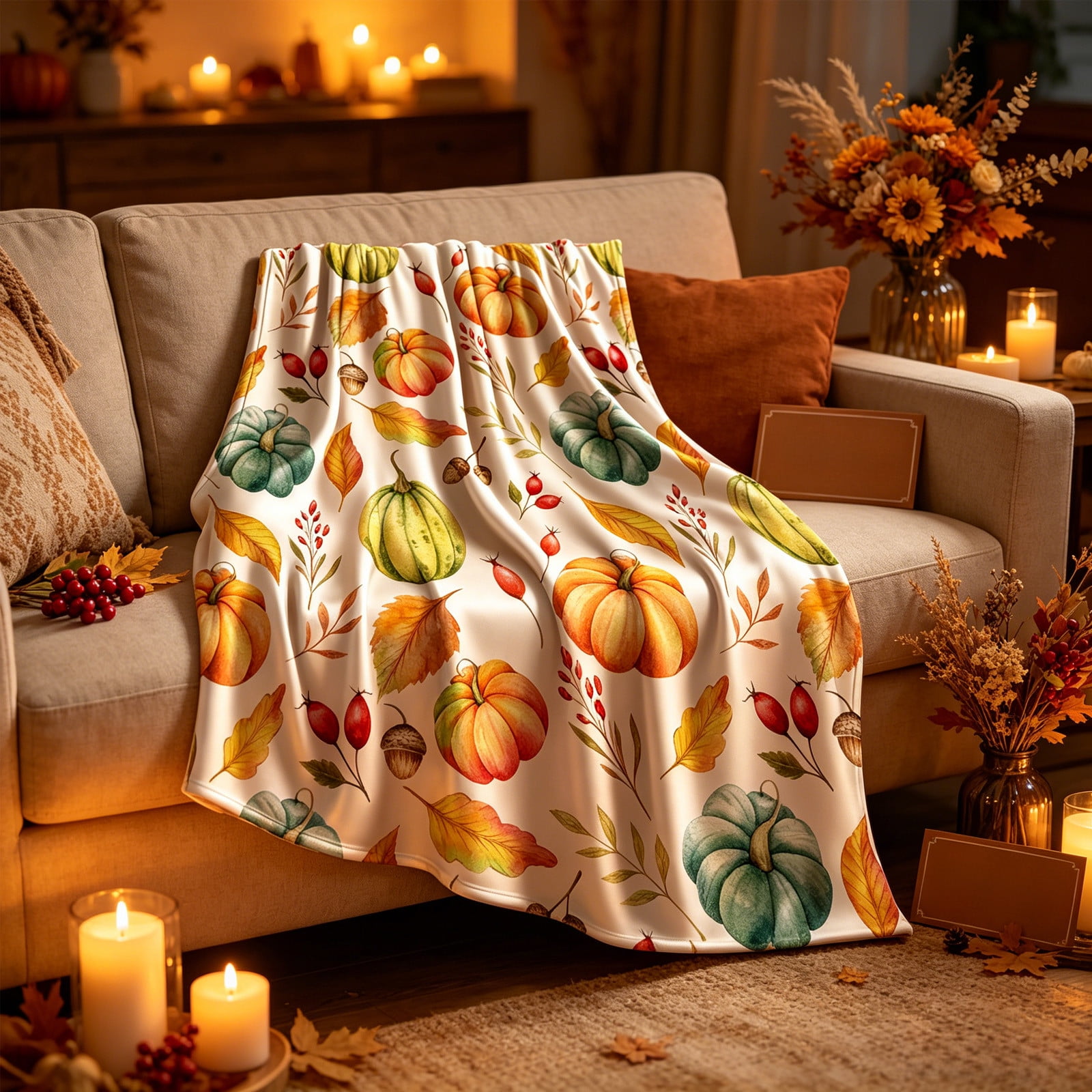 Fall Pumpkin Throw Blanket, Fall Leaves Pumpkins Autumn Thanksgiving Soft Warm Throw Blanket for Bed, Sofa, Couch, Travel and Rustic Farmhouse Indoor Seasonal Home Decorations