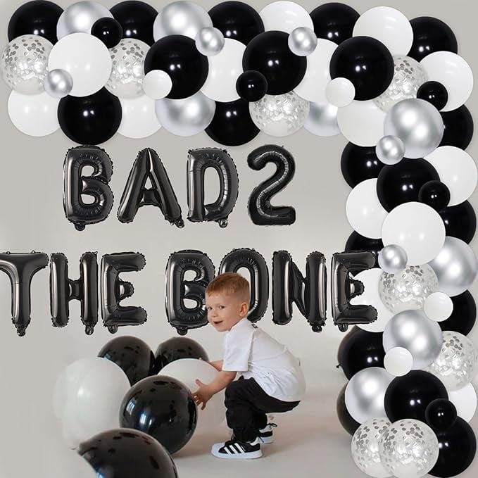 90Pcs Bad Two the Bone 2nd Birthday Party Decorations Black Silver Balloon Garland Arch Kit with Bad 2 the Bone Foil Balloons, Rock N Roll Music Theme 90s Second Birthday Party Decor for Boys