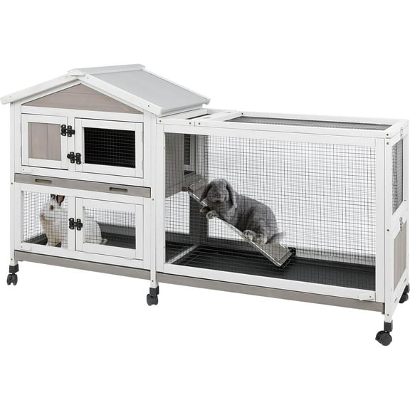 Gowoodhut Large Rabbit Hutch Outdoor with 6 Wheels, Wooden Indoor Bunny House Rabbit Cage with Run, for Small to Medium Pets