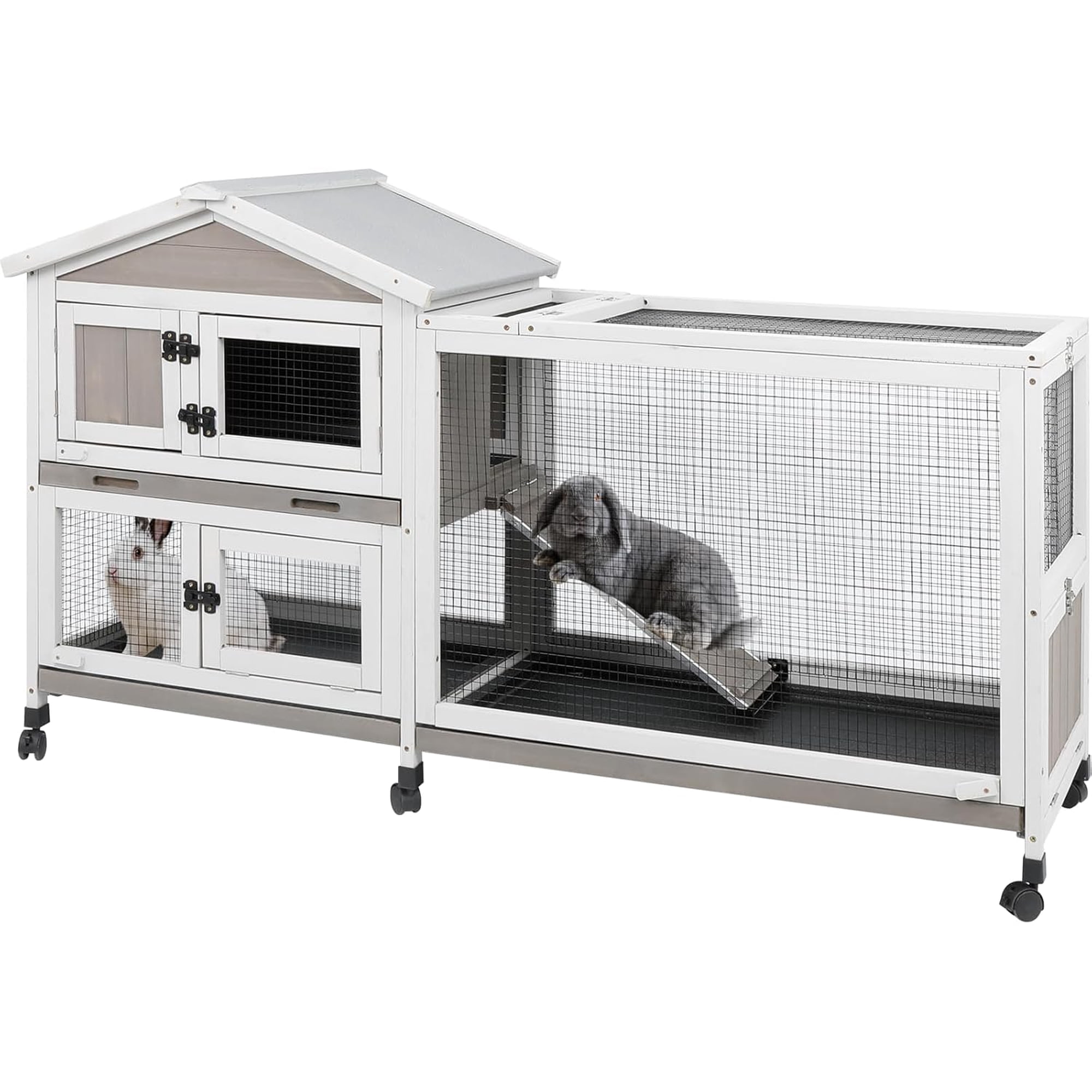 Gowoodhut Large Rabbit Hutch Outdoor with 6 Wheels, Wooden Indoor Bunny House Rabbit Cage with Run, for Small to Medium Pets