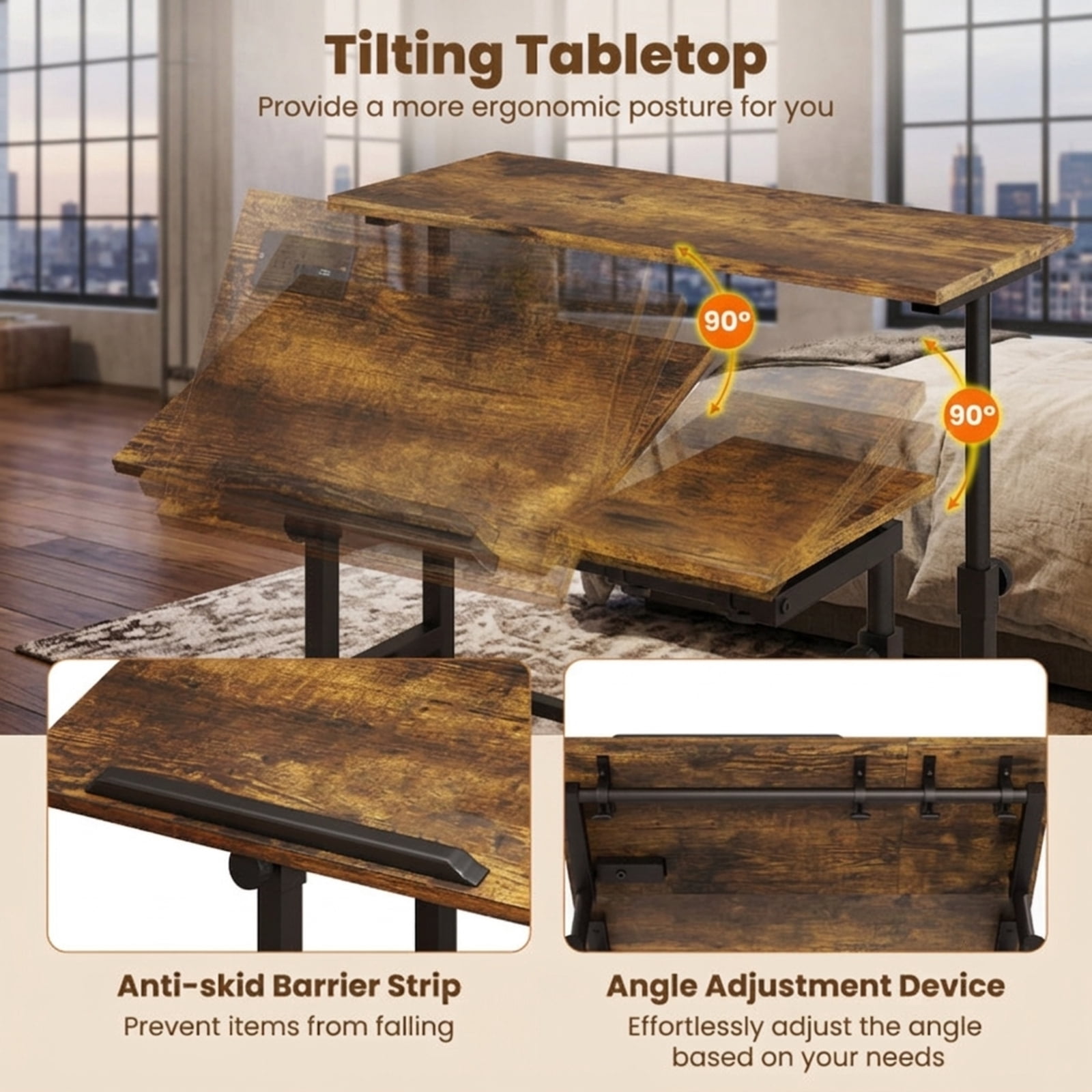 Furnibear Height Adjustable Mobile Standing Desk with Power Outlets Tilting Tabletop Rolling Laptop Cart and Wheels for Home Office, Rustic Brown