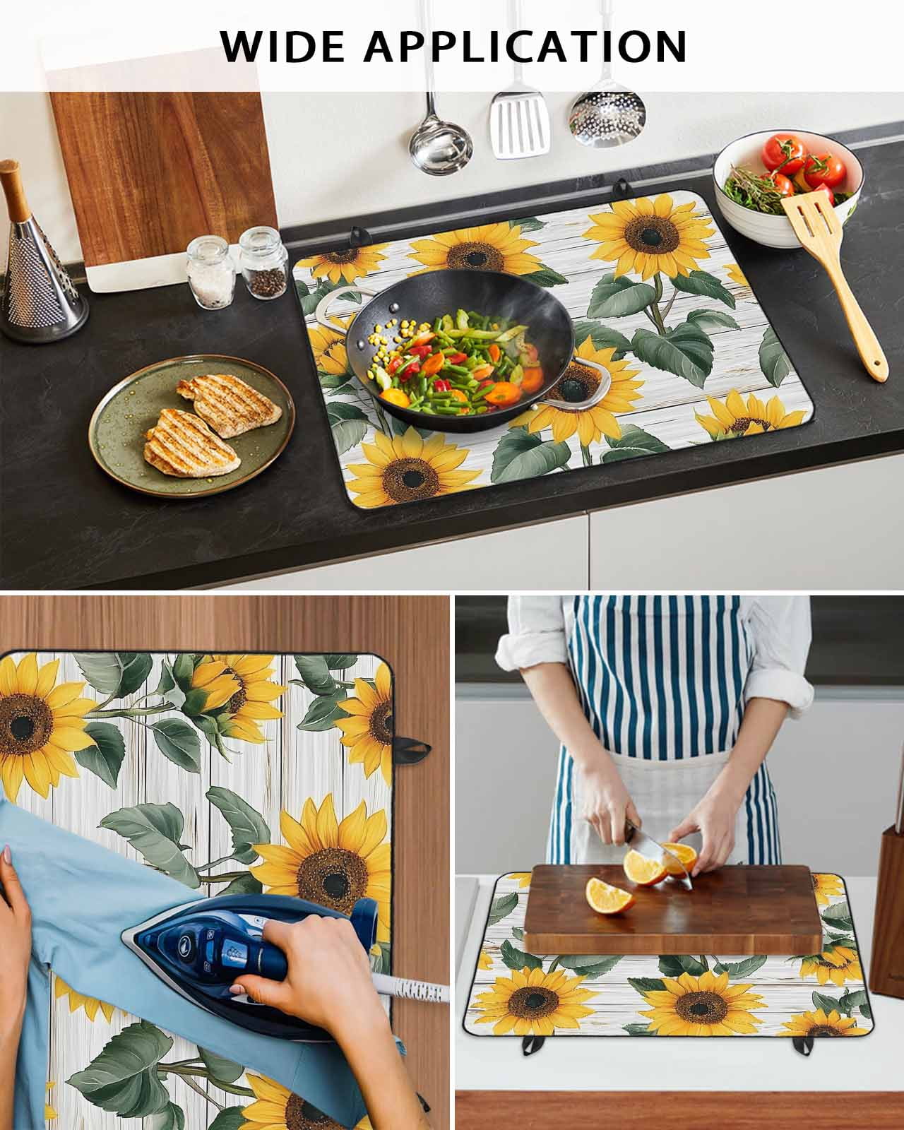 nqOlkjepod Large Induction Cooktop Protector Mat 24"x21", Country Sunflowers Stove Top Covers for Electric Stove, Retro Pastoral Floral Wooden Plank Stove Burner Cover Mats, Glass Top Stove Cover