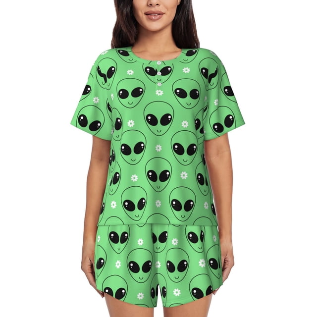 Balery alien cartoons Conjunto de Pijama para Mujer con Estampado, Dos Piezas de Manga Corta y Shorts, Ropa de Dormir Suave con Cuello Redondo y Bolsillos-XX-Large