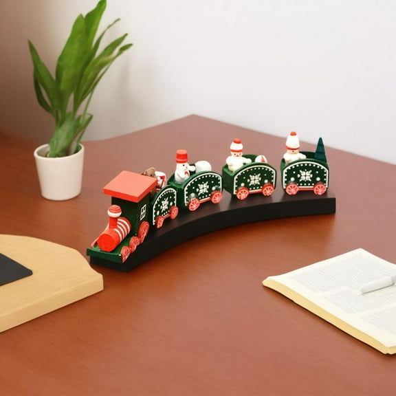 YOHAVEN Wooden Christmas Train Ornament Set 9.44", Holiday Tabletop Train with 1 Locomotive and 4 Carriages, Xmas Home Decoration Centerpiece for Mantel Shelf Table
