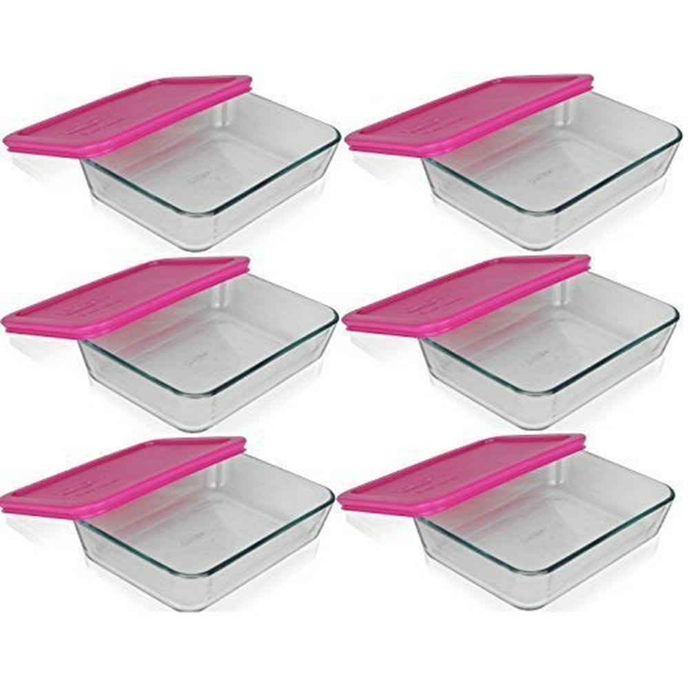 pyrex 3cup rectangle glass food storage containers with pink plastic lids.use for lunch box