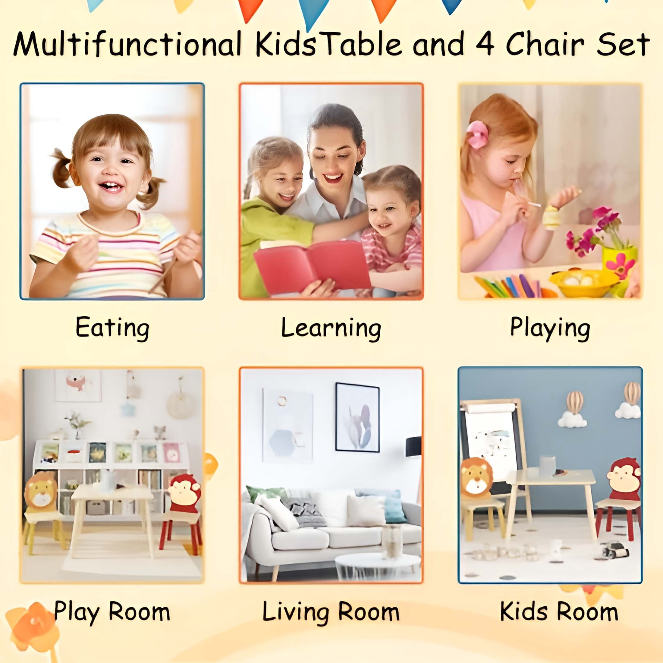 kids Table and Chairs Set,3 Pieces Toddler Table and Animals Chair,Wood Activity Table Play Table Sets