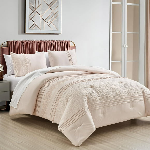 Chezmoi Collection Athena Queen Bed in a Bag 7-Pieces Floral Chenille Embroidered Pom Pom Stripe Comforter Set with Sheets All Season Bedding Set, Queen, Blush Pink
