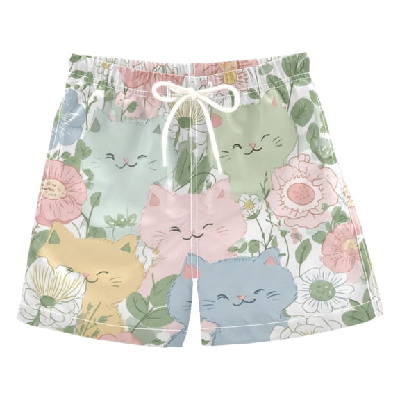 Kids' Beach Pants Comfortable Swim Trunks Pastel-colored Cats and Flowers Shorts for Pool Vacation and Lounge Wear 2T