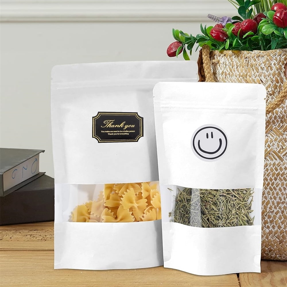 50 Pcs White Kraft Paper Bags,Sealable Stand Up Pouches Bags,Resealable Food Packaging Bags,Zip Lock Food Storage Bags with Clear Window,for Cookies Snacks Storage 5.9" x 8.6"