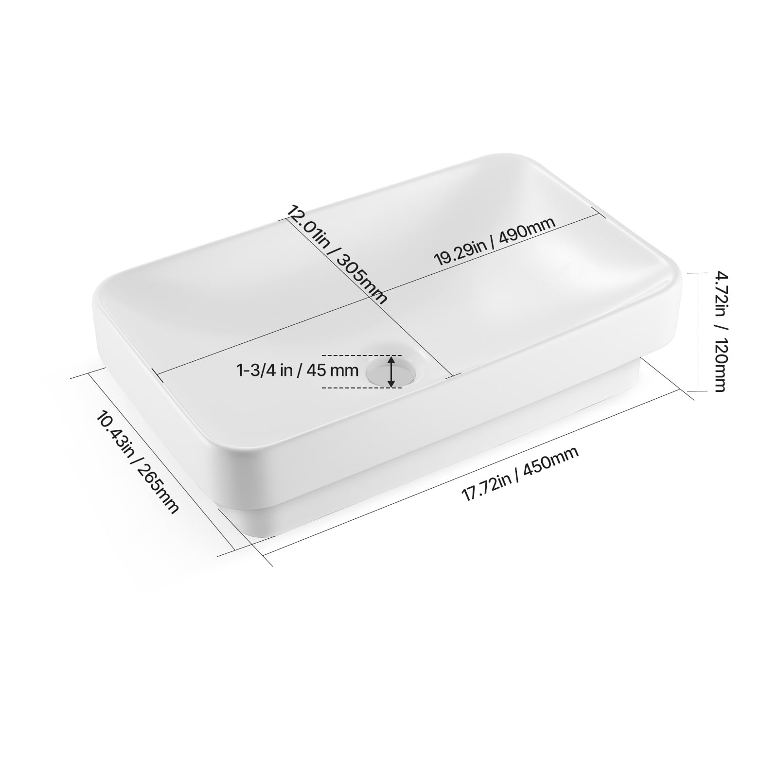 KFFKFF Rectangular Semi-Recessed Bathroom Sink, 19.29 x 12.01 Inch White Ceramic Basin with 1-3/4 Inch Drain Hole, Drop-In Modern Vanity Wash Bowl for Compact Spaces