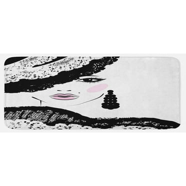 Teen Room Kitchen Mat, Baroque Abstract Woman Face and Patterned Hat Old Fashioned Design, Plush Decorative Kitchen Mat with Non Slip Backing, 47" X 19", Charcoal Grey Pale Pink, by Ambesonne