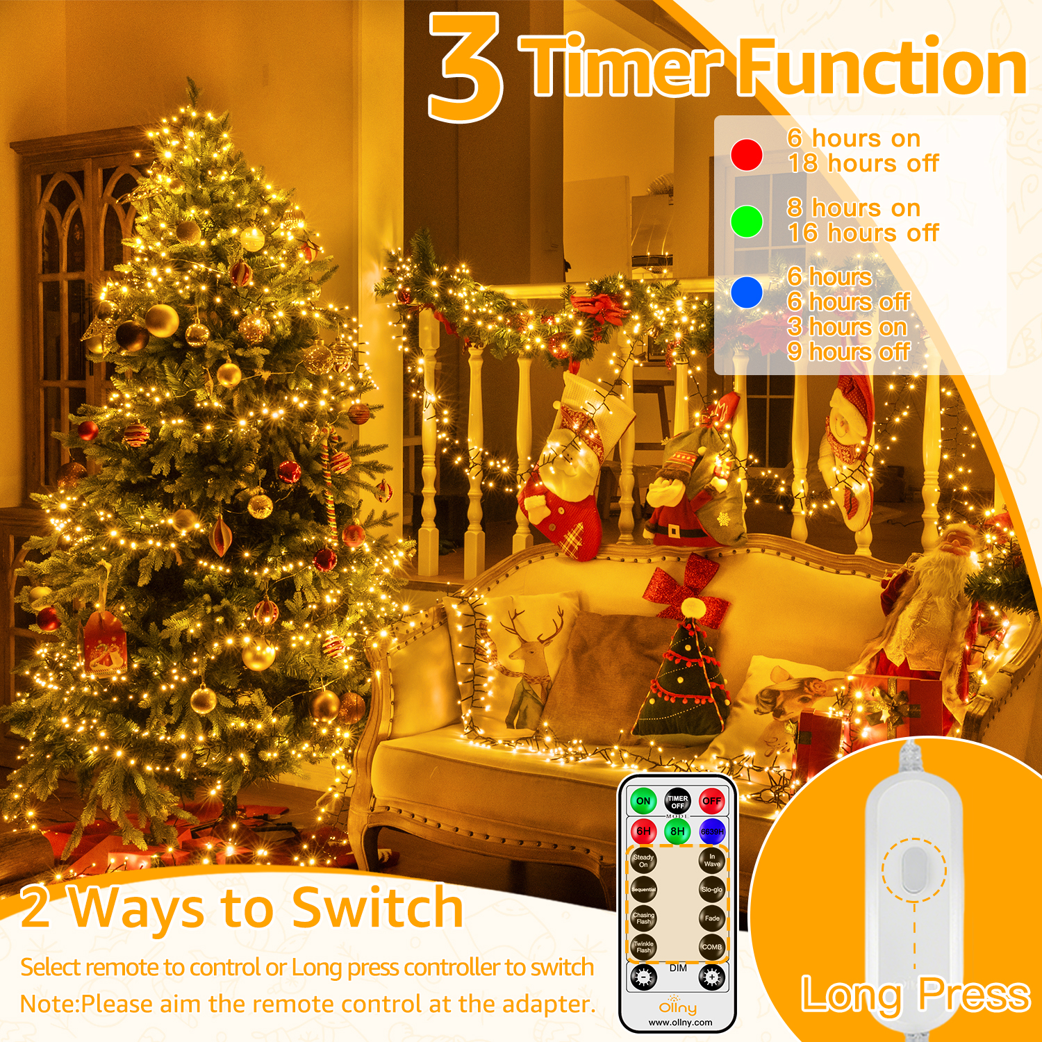 Ollny 20ft 400 LED Cluster Lights, 8 Lighting Modes with Remote Control Waterproof Indoor Outdoor Christmas Cluster Lights for Decorations