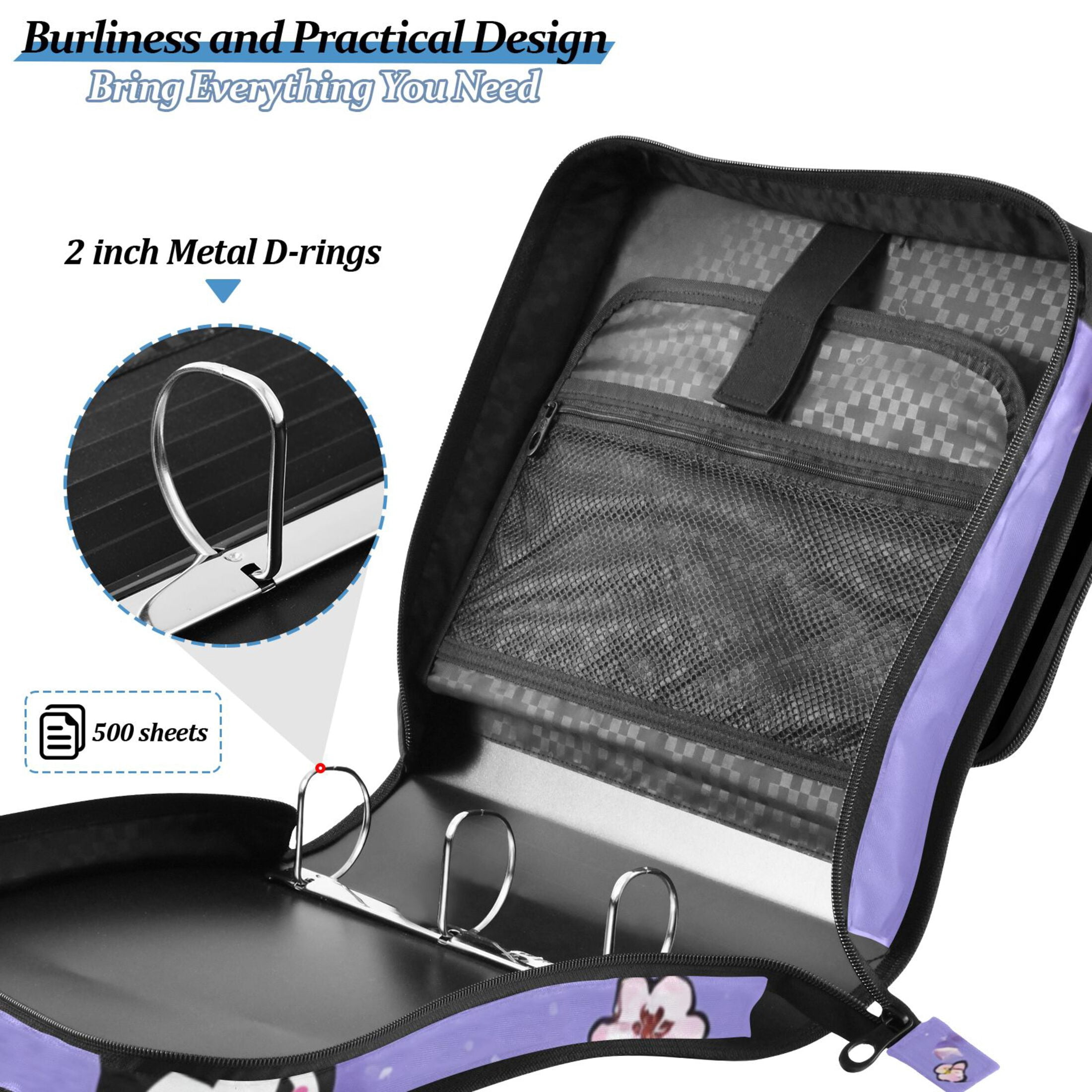 3 Ring Zipper Binder with Shoulder Strap Waterproof Trapper Keeper 2 Inch D-Ring 500 Sheets Capacity Kuromi and Flower