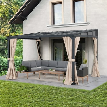 Sunjoy 10 x 12 ft Wall-Mounted Gazebo with Powder Coated Steel Roof, Black Aluminum & Metal Frame Lean to Gazebo with Curtains and Netting