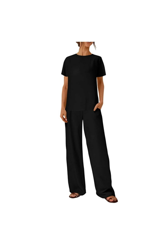2 Piece Sets for Women Cotton Linen Short Sleeve Pullover Tops and Wide Leg Pants Travel Lounge Matching Set with Pockets Summer Vacation Outfits Lounge Wear Sets Tracksuit