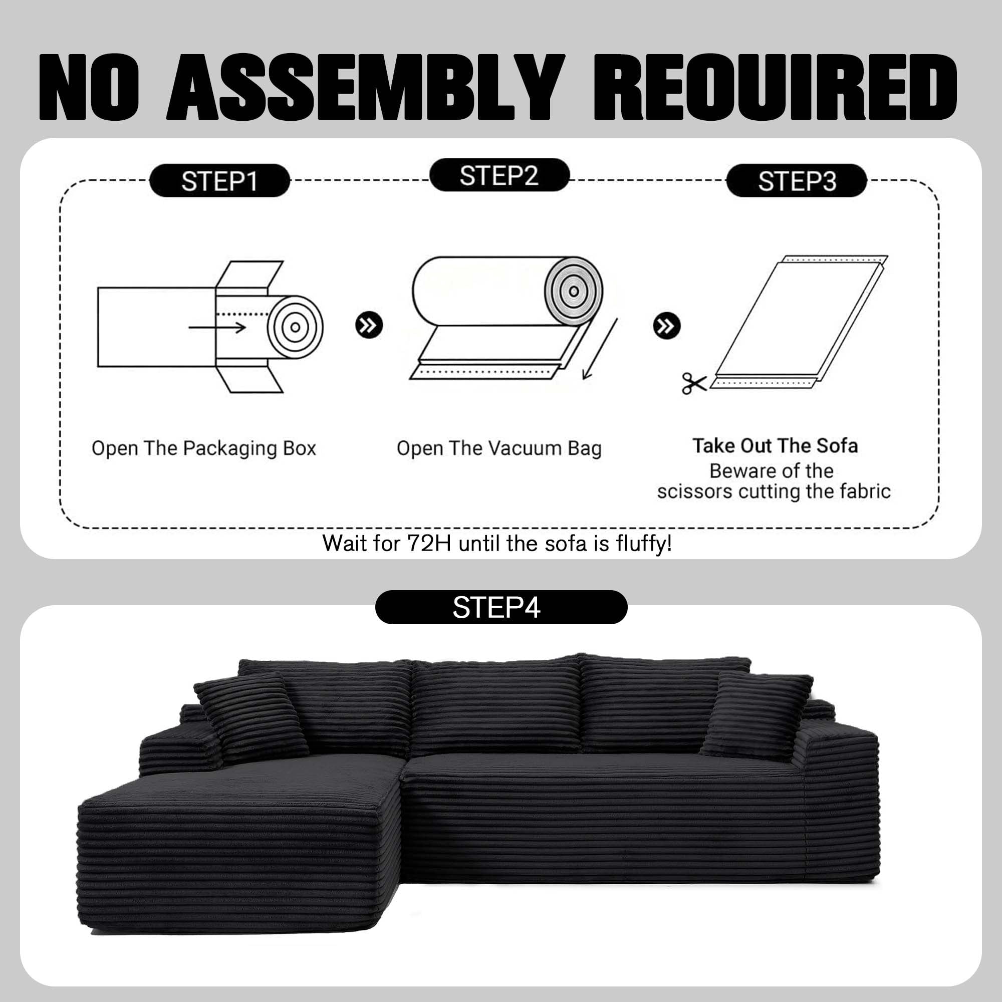 CAPCAEK 105" L-Shaped Modular Sectional Sofa with Chaise, Deep Seat Corduroy Couch with Throw Pillows for Living Room, No Assembly Required, Black
