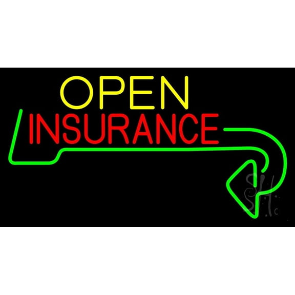 Insurance Open with Arrow LED Neon Sign 13 x 24 - inches, Black Square Cut Acrylic Backing, with Dimmer - Bright and Premium built indoor LED Neon Sign for Defence Force.
