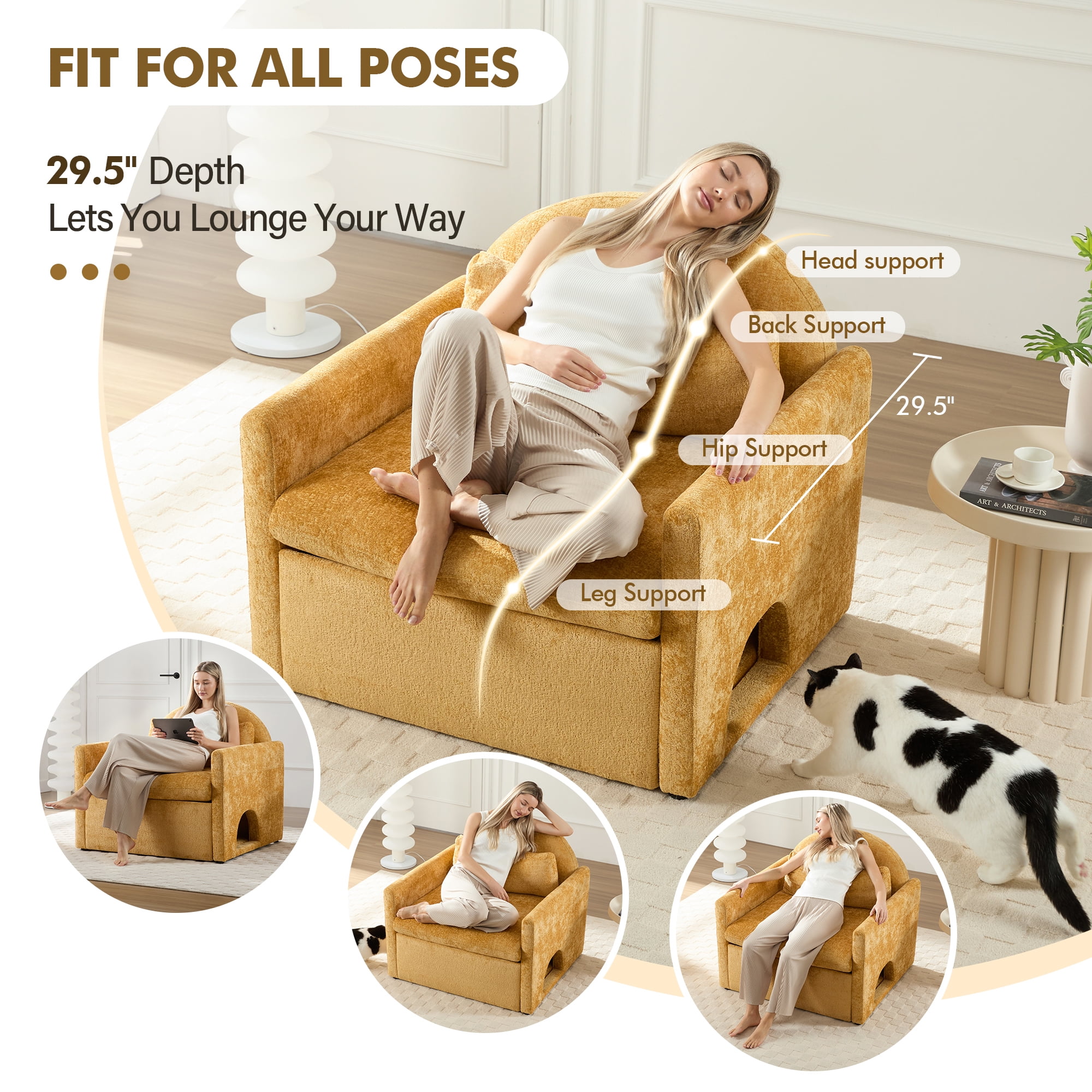 Aukfa Accent Chair with Cat Cave, Deep Seat Armchair with Storage, Chenille Pet Sofa, Yellow