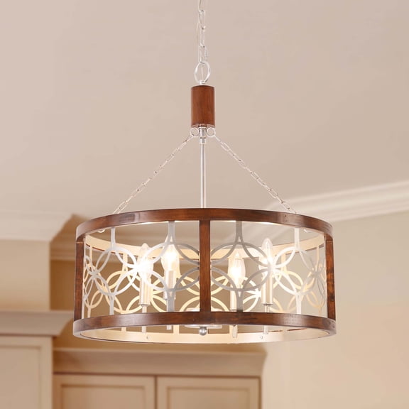4-Light Wooden Round Ceiling Light Kitchen Island Pendant Light Chrome