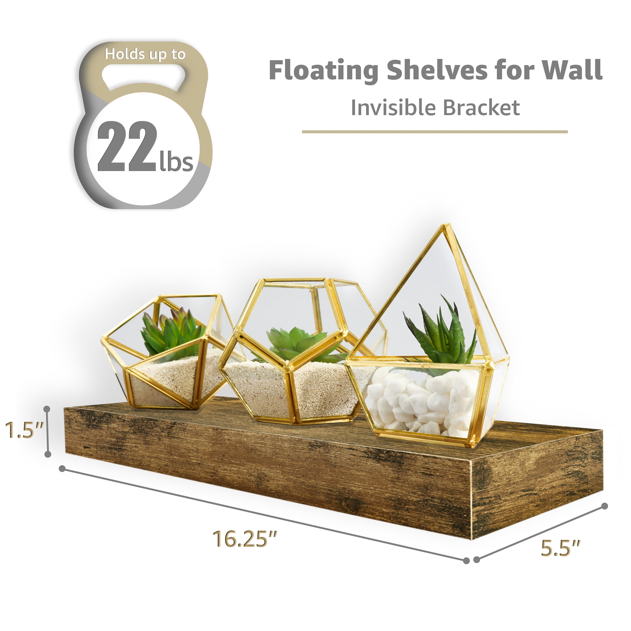 Sorbus 16.25" Brown Rustic Floating Shelves (Set of 5) – Wall Storage for Décor, Frames, Trophies
