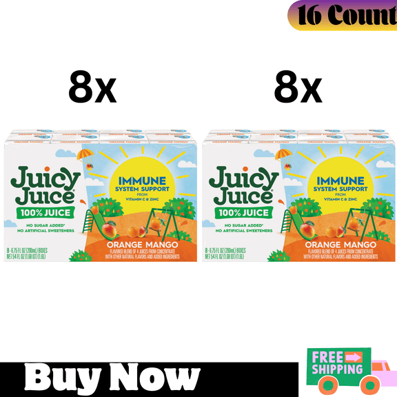 Juicy Juice 100% Juice Immune System Support with Vitamin C & Zinc, Orange Mango Flavor, 6.75 fl oz Juice Boxes, 16 Count