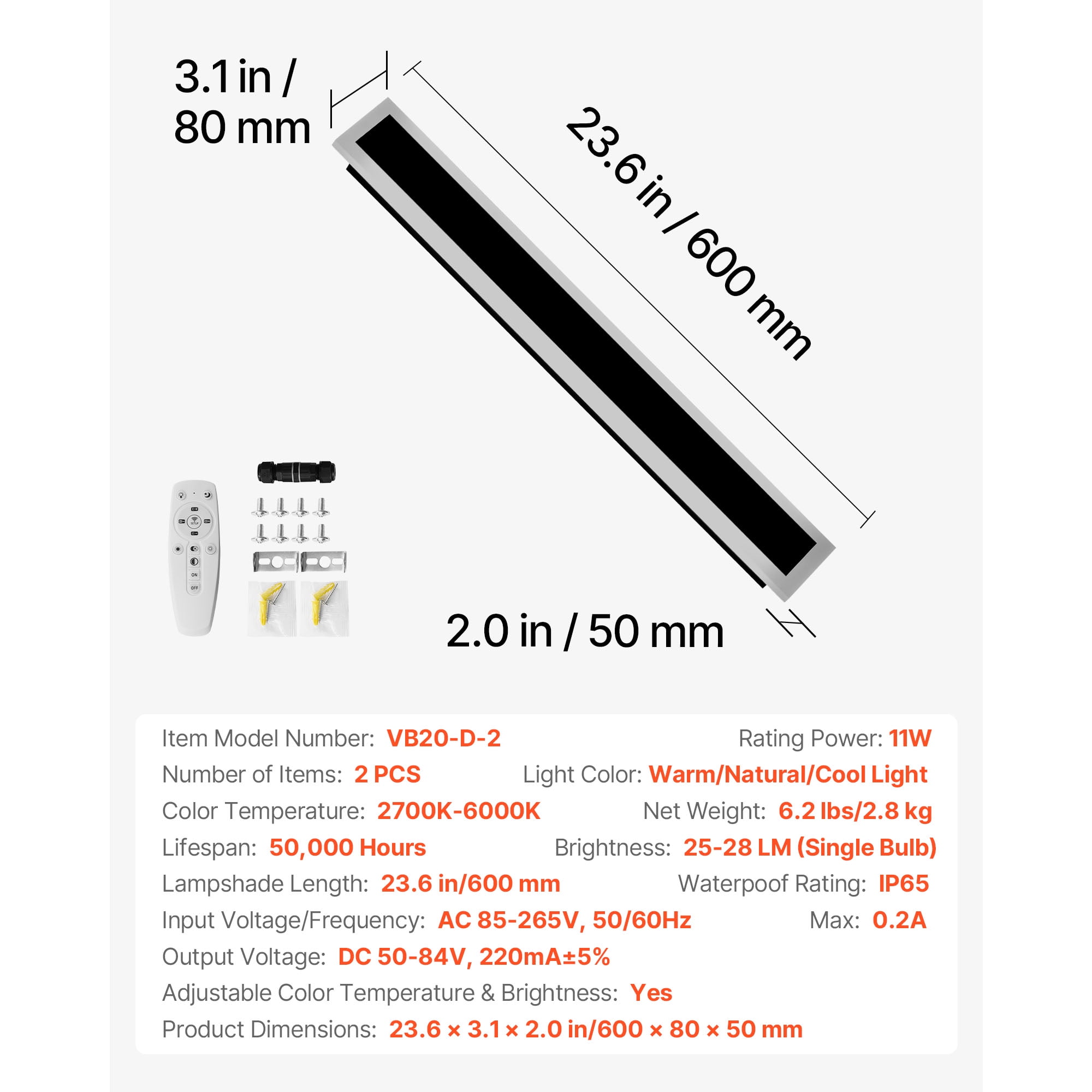 KFFKFF Outdoor Wall Lights, Set of 2, 23.6-Inch Modern Vertical Wall Sconce Fixtures, Adjustable 2700K-6000K, IP65 Waterproof and Rust-Resistant, Dimmable Exterior Lighting for Porch, Garage,and Home