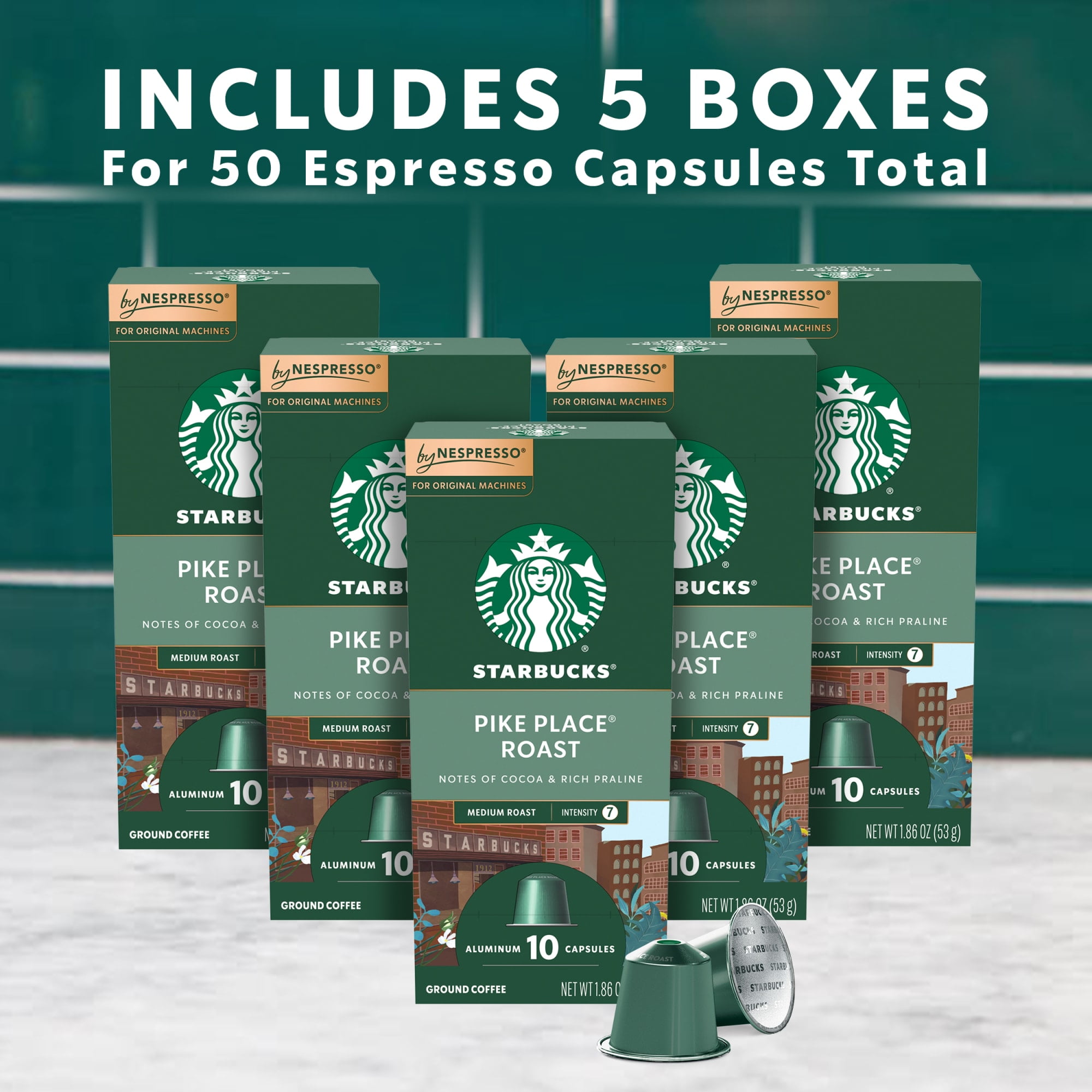 Starbucks By Nespresso Original Line, Pike Place Roast, Medium Roast Pods, 10 Count, 5 Pack