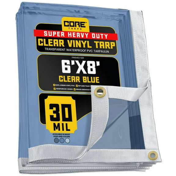 Core Tarps 30 Mil Extreme Heavy Duty Clear Tarp with Gromments - 6x8ft Super Clear Tarps Heavy Duty Waterproof Vinyl Tarpaulin, Transparent Tarp for Outdoor, Camping & Construction, Clear Blue