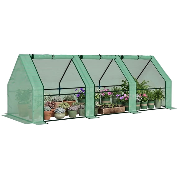 Greenhouse 270x90x90 cm Steel Frame Garden Greenhouse with PE Cover and 3 Zipper Windows for Plant Cultivation, Green