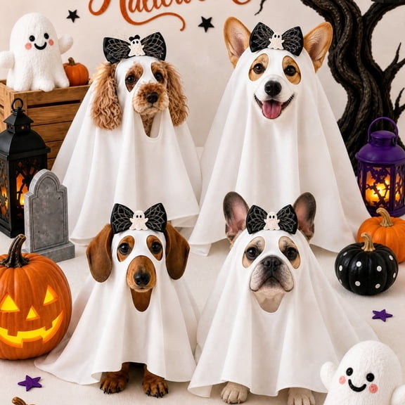Ghostly Face Mask and Cape Halloween Pet Costume, Spooky Full-Body Outfit for Cats and Dogs, Soft Breathable Fabric with Secure Neck and Chest Straps, Great for Photos _#A